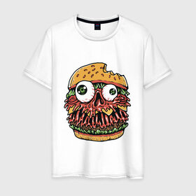 Мужская футболка хлопок с принтом Злой бургер в Тюмени, 100% хлопок | прямой крой, круглый вырез горловины, длина до линии бедер, слегка спущенное плечо. | бургер | глаза | голова | еда | лицо | хипстер | череп
