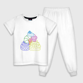 Детская пижама хлопок с принтом Пищевая пирамида (сладкая) в Тюмени, 100% хлопок |  брюки и футболка прямого кроя, без карманов, на брюках мягкая резинка на поясе и по низу штанин
 | вкуснятина | глазурь | кекс | круассан | кусок торта | кусочек торта | леденец | лолипоп | маффин | пирамида | пищевая | сладкая | торт | тортик