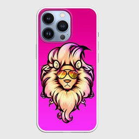 Чехол для iPhone 13 Pro с принтом модный лев в очках в Тюмени,  |  | lion | арт | градиент | графика | грива | лев | лиловый | львенок | малиновый | мода | модный | очки | прическа | рисунок | розовый | укладка | фиолетовый | царь зверей