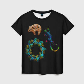 Женская футболка 3D с принтом Медведи и ящерицы в Тюмени, 100% полиэфир ( синтетическое хлопкоподобное полотно) | прямой крой, круглый вырез горловины, длина до линии бедер | медведи | цветные ящерицы | цветочные кольца | цветы | ящерицы