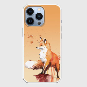 Чехол для iPhone 13 Pro с принтом акварельная лиса  задумчивости в Тюмени,  |  | fox | акварель | акварельный | брызги | градиент | думы | зверек | краска | лис | лиса | лисенок | лисичка | листики | листья | мысли | обрыв | оранжевый | осень | потеки | рисунок | смотрит вдаль