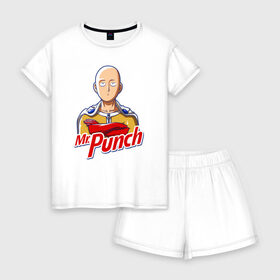 Женская пижама с шортиками хлопок с принтом Mr Punch в Тюмени, 100% хлопок | футболка прямого кроя, шорты свободные с широкой мягкой резинкой | anime | japan | man | manga | mr | one | proper | punch | saitama | tegunvteg | аниме | ванпанчмен | манга | мистер | мульт | пропер | сайтама | япония