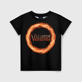 Детская футболка 3D с принтом Valheim - огненный круг в Тюмени, 100% гипоаллергенный полиэфир | прямой крой, круглый вырез горловины, длина до линии бедер, чуть спущенное плечо, ткань немного тянется | valheim | вальхейм | викинги | игра | компьютерный | круг | логотип | минимализм | огненный | огонь | подарок | черный