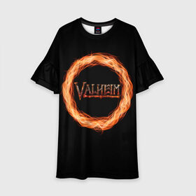Детское платье 3D с принтом Valheim - огненный круг в Тюмени, 100% полиэстер | прямой силуэт, чуть расширенный к низу. Круглая горловина, на рукавах — воланы | Тематика изображения на принте: valheim | вальхейм | викинги | игра | компьютерный | круг | логотип | минимализм | огненный | огонь | подарок | черный