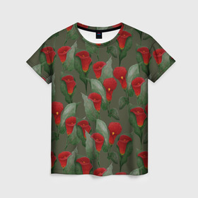 Женская футболка 3D с принтом Каллы на зеленом фоне в Тюмени, 100% полиэфир ( синтетическое хлопкоподобное полотно) | прямой крой, круглый вырез горловины, длина до линии бедер | 8 марта | flowers | march 8 | spring | ботаническая иллюстрация | весна | день рождения | зеленый | каллы | красный | лето | любовь | праздник | принт | природа | растения | цветы