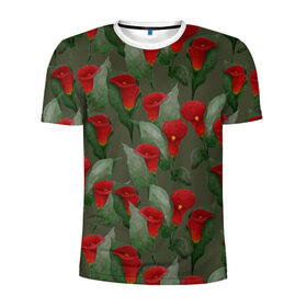 Мужская футболка 3D спортивная с принтом Каллы на зеленом фоне в Тюмени, 100% полиэстер с улучшенными характеристиками | приталенный силуэт, круглая горловина, широкие плечи, сужается к линии бедра | 8 марта | flowers | march 8 | spring | ботаническая иллюстрация | весна | день рождения | зеленый | каллы | красный | лето | любовь | праздник | принт | природа | растения | цветы