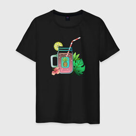 Мужская футболка хлопок с принтом Летний напиток - газировка в Тюмени, 100% хлопок | прямой крой, круглый вырез горловины, длина до линии бедер, слегка спущенное плечо. | ананас | банка | газировка | гибискус | лимон | сок | соломинка | тропические листья
