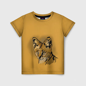 Детская футболка 3D с принтом Сервал в Тюмени, 100% гипоаллергенный полиэфир | прямой крой, круглый вырез горловины, длина до линии бедер, чуть спущенное плечо, ткань немного тянется | африка | графика | дикий мир | животное | кошка | персонаж | природа | рисунок | хищник