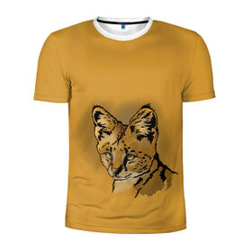 Мужская футболка 3D спортивная с принтом Сервал в Тюмени, 100% полиэстер с улучшенными характеристиками | приталенный силуэт, круглая горловина, широкие плечи, сужается к линии бедра | африка | графика | дикий мир | животное | кошка | персонаж | природа | рисунок | хищник