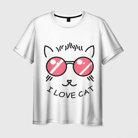 Мужская футболка 3D с принтом I Love cat (я люблю котов) в Тюмени, 100% полиэфир | прямой крой, круглый вырез горловины, длина до линии бедер | Тематика изображения на принте: 8 марта | cat | i love you | kiss | love | губы | девушке | день влюбленных | зубы | киса | кот | котик | коты | люблю котов | любовь | любтмой | марта | очки | поцелуй | розовые губы | розовый | страсть | течет