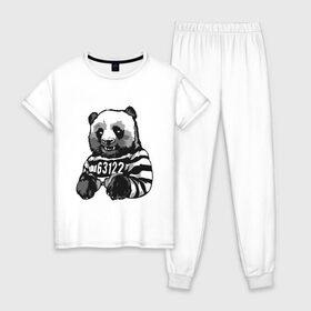 Женская пижама хлопок с принтом Задержанный панда в Тюмени, 100% хлопок | брюки и футболка прямого кроя, без карманов, на брюках мягкая резинка на поясе и по низу штанин | бандит | медведь | опасный | панда | преступник | хипстер | хулиган