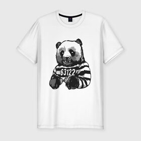Мужская футболка хлопок Slim с принтом Задержанный панда в Тюмени, 92% хлопок, 8% лайкра | приталенный силуэт, круглый вырез ворота, длина до линии бедра, короткий рукав | бандит | медведь | опасный | панда | преступник | хипстер | хулиган