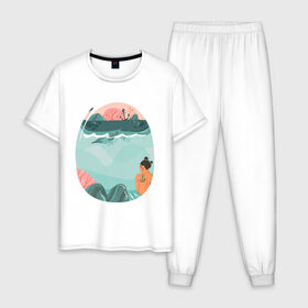 Мужская пижама хлопок с принтом Подводный мир в Тюмени, 100% хлопок | брюки и футболка прямого кроя, без карманов, на брюках мягкая резинка на поясе и по низу штанин
 | арт | вода | мир | подводный | природа | рисунок | русалка | сказка