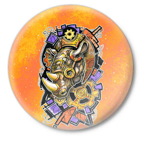 Значок с принтом Стимпанк Носорог - Rhino в Тюмени,  металл | круглая форма, металлическая застежка в виде булавки | графика | граффити | кляксы | механика | носорог | оранжевый | от руки | рисунок | скетч | стимпанк | шестерёнки | шестерни | яркий