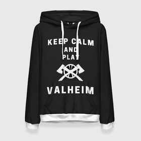 Женская толстовка 3D с принтом Keep calm and play Valheim в Тюмени, 100% полиэстер  | двухслойный капюшон со шнурком для регулировки, мягкие манжеты на рукавах и по низу толстовки, спереди карман-кенгуру с мягким внутренним слоем. | elder | loki | odin | the | thor | valheim | биврёст | валхейм | вальхейм | викинги | всеотец | дракар | древний | древо | ётун | йотун | локи | мира | один | тор | фенир | хель | черный лес | эйктюр