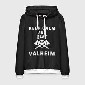 Мужская толстовка 3D с принтом Keep calm and play Valheim в Тюмени, 100% полиэстер | двухслойный капюшон со шнурком для регулировки, мягкие манжеты на рукавах и по низу толстовки, спереди карман-кенгуру с мягким внутренним слоем. | Тематика изображения на принте: elder | loki | odin | the | thor | valheim | биврёст | валхейм | вальхейм | викинги | всеотец | дракар | древний | древо | ётун | йотун | локи | мира | один | тор | фенир | хель | черный лес | эйктюр