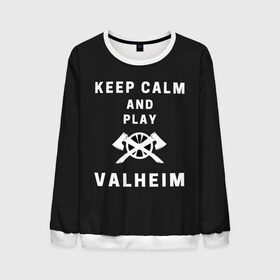 Мужской свитшот 3D с принтом Keep calm and play Valheim в Тюмени, 100% полиэстер с мягким внутренним слоем | круглый вырез горловины, мягкая резинка на манжетах и поясе, свободная посадка по фигуре | Тематика изображения на принте: elder | loki | odin | the | thor | valheim | биврёст | валхейм | вальхейм | викинги | всеотец | дракар | древний | древо | ётун | йотун | локи | мира | один | тор | фенир | хель | черный лес | эйктюр