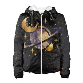 Женская куртка 3D с принтом Сатурн, луна, спутник и звезды в Тюмени, ткань верха — 100% полиэстер, подклад — флис | прямой крой, подол и капюшон оформлены резинкой с фиксаторами, два кармана без застежек по бокам, один большой потайной карман на груди. Карман на груди застегивается на липучку | astronaut | cosmonaut | cosmos | earth | galaxy | moon | nasa | planet | saturn | space | star | universe | астрология | астронавт | вселенная | галактика | звезда | земля | компенсаторика | космонавт | космос | луна | марс | наса | нло | планета