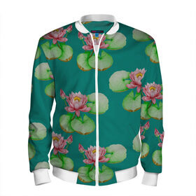 Мужской бомбер 3D Лотосы на темно бирюзовом фоне: в Тюмени, 100% полиэстер | застегивается на молнию, по бокам два кармана без застежек, по низу бомбера и на воротнике - эластичная резинка | Тематика изображения на принте: 8 марта | flowers | march 8 | spring | бирюзовый | ботаническая иллюстрация | весна | водяные лилии | день рождения | зеленый | лето | лотосы | любовь | праздник | принт | природа | растения | розовый | цветы