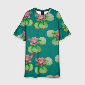 Детское платье 3D Лотосы на темно бирюзовом фоне: в Тюмени, 100% полиэстер | прямой силуэт, чуть расширенный к низу. Круглая горловина, на рукавах — воланы | Тематика изображения на принте: 8 марта | flowers | march 8 | spring | бирюзовый | ботаническая иллюстрация | весна | водяные лилии | день рождения | зеленый | лето | лотосы | любовь | праздник | принт | природа | растения | розовый | цветы