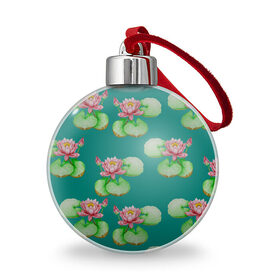 Ёлочный шар Лотосы на темно бирюзовом фоне: в Тюмени, Пластик | Диаметр: 77 мм | Тематика изображения на принте: 8 марта | flowers | march 8 | spring | бирюзовый | ботаническая иллюстрация | весна | водяные лилии | день рождения | зеленый | лето | лотосы | любовь | праздник | принт | природа | растения | розовый | цветы