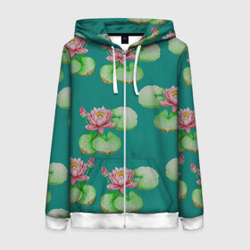 Женская толстовка 3D на молнии Лотосы на темно бирюзовом фоне: в Тюмени, 100% полиэстер | длина до линии бедра, манжеты и пояс оформлены мягкой тканевой резинкой, двухслойный капюшон со шнурком для регулировки, спереди молния, по бокам два кармана | Тематика изображения на принте: 8 марта | flowers | march 8 | spring | бирюзовый | ботаническая иллюстрация | весна | водяные лилии | день рождения | зеленый | лето | лотосы | любовь | праздник | принт | природа | растения | розовый | цветы