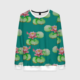 Женский свитшот 3D Лотосы на темно бирюзовом фоне: в Тюмени, 100% полиэстер с мягким внутренним слоем | круглый вырез горловины, мягкая резинка на манжетах и поясе, свободная посадка по фигуре | Тематика изображения на принте: 8 марта | flowers | march 8 | spring | бирюзовый | ботаническая иллюстрация | весна | водяные лилии | день рождения | зеленый | лето | лотосы | любовь | праздник | принт | природа | растения | розовый | цветы