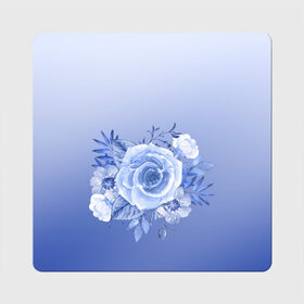 Магнит виниловый Квадрат с принтом Голубая роза акварель в Тюмени, полимерный материал с магнитным слоем | размер 9*9 см, закругленные углы | акварель | голубая | градиент | монрхром | природа | рисунок | роза | синий | цветок