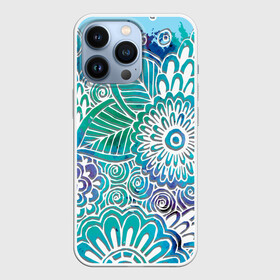 Чехол для iPhone 13 Pro с принтом цветочный узор в Тюмени,  |  | белый | бирюзовый | градиент | дудлинг | зеленый | рисунок | синий | узор | цветочный | цветы