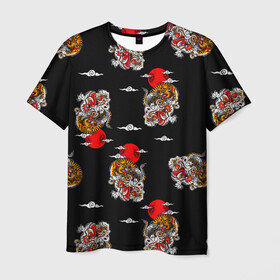 Мужская футболка 3D с принтом Японский стиль - тигры в Тюмени, 100% полиэфир | прямой крой, круглый вырез горловины, длина до линии бедер | Тематика изображения на принте: арт | животные | облака | огонь | пламя | рисунок | стиль | тигр | японский