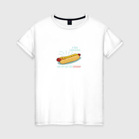 Женская футболка хлопок с принтом Я без сарказма как хот-дог в Тюмени, 100% хлопок | прямой крой, круглый вырез горловины, длина до линии бедер, слегка спущенное плечо | еда | прикол | сосиска | хот дог | цитата | юмор