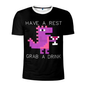 Мужская футболка 3D спортивная с принтом Динозаврик с вином в Тюмени, 100% полиэстер с улучшенными характеристиками | приталенный силуэт, круглая горловина, широкие плечи, сужается к линии бедра | английский текст | вино | динозавр | пиксели | пиксель арт