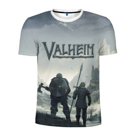 Мужская футболка 3D спортивная с принтом Valheim Валхейм в Тюмени, 100% полиэстер с улучшенными характеристиками | приталенный силуэт, круглая горловина, широкие плечи, сужается к линии бедра | valheim | vikings | валхейм | викинги | воин | копье | топор | щит