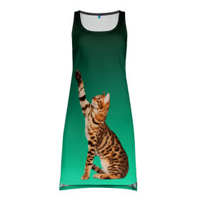 Платье-майка 3D с принтом кот тянется лапой вверх в Тюмени, 100% полиэстер | полуприлегающий силуэт, широкие бретели, круглый вырез горловины, удлиненный подол сзади. | cat | kitten | бенгальский | выпрашивает | градиент | зеленый | короткошерстный | кот | котейка | котик | кошка | мяу | полоски | породистый | просит | реалистичный | тянется
