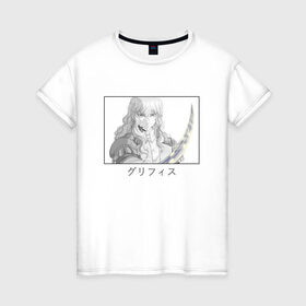 Женская футболка хлопок с принтом Гриффит в Тюмени, 100% хлопок | прямой крой, круглый вырез горловины, длина до линии бедер, слегка спущенное плечо | berserk | griffith | аниме парень | длинные волосы | иероглифы | имя на японском | меч | черная рамка