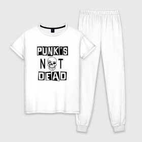 Женская пижама хлопок с принтом Панки в Тюмени, 100% хлопок | брюки и футболка прямого кроя, без карманов, на брюках мягкая резинка на поясе и по низу штанин | punk | punks not dead | rock | sons of anarchy | анархия | группа | летов | логотип | музыка | надпись | панк | панк рок | прикольная | рок | свобода | хаос