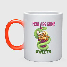 Кружка хамелеон с принтом Змеиные ссссладости в Тюмени, керамика | меняет цвет при нагревании, емкость 330 мл | snake | sweet | sweets | десерты | змея | сладкое