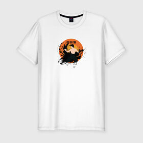 Мужская футболка хлопок Slim с принтом Брюс Ли в Тюмени, 92% хлопок, 8% лайкра | приталенный силуэт, круглый вырез ворота, длина до линии бедра, короткий рукав | актер | боевые искусства | боец | брызги | брюс ли | иероглифы | китайская знаменитость | краска