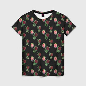 Женская футболка 3D с принтом принт розы черный фон в Тюмени, 100% полиэфир ( синтетическое хлопкоподобное полотно) | прямой крой, круглый вырез горловины, длина до линии бедер | букет | пионы | розы | фон | цветочки | цветочный принт | цветы | черный