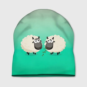 Шапка 3D с принтом две овечки пасутся на лугу в Тюмени, 100% полиэстер | универсальный размер, печать по всей поверхности изделия | барашек | вектор | градиент | две | детский | друзья | коза | кудри | луг | милый | минимализм | нарисованный | овечка | овца | пара | пасутся | рисунок | ферма | шерсть