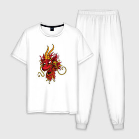 Мужская пижама хлопок с принтом Китайский дракон в Тюмени, 100% хлопок | брюки и футболка прямого кроя, без карманов, на брюках мягкая резинка на поясе и по низу штанин
 | dragon | дракон | китай | китайский дракон | красная дракон | огонь | рога
