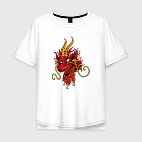 Мужская футболка хлопок Oversize с принтом Китайский дракон в Тюмени, 100% хлопок | свободный крой, круглый ворот, “спинка” длиннее передней части | dragon | дракон | китай | китайский дракон | красная дракон | огонь | рога