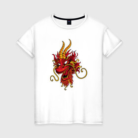 Женская футболка хлопок с принтом Китайский дракон в Тюмени, 100% хлопок | прямой крой, круглый вырез горловины, длина до линии бедер, слегка спущенное плечо | dragon | дракон | китай | китайский дракон | красная дракон | огонь | рога