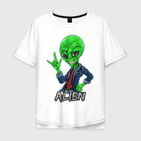 Мужская футболка хлопок Oversize с принтом Пришелец рокер в Тюмени, 100% хлопок | свободный крой, круглый ворот, “спинка” длиннее передней части | alien | инопланетянин | кожанка | крутой | нло | пришелец | рок | рокер | хипстер