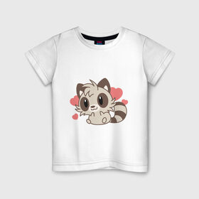 Детская футболка хлопок с принтом влюбленный енотик в Тюмени, 100% хлопок | круглый вырез горловины, полуприлегающий силуэт, длина до линии бедер | влюбленный | енот | енотик | животные | зверушка | картинка | любовь | мило | рисунок | сердечки
