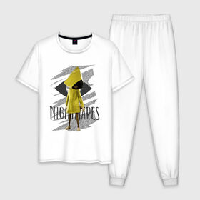 Мужская пижама хлопок с принтом Little Nightmares в Тюмени, 100% хлопок | брюки и футболка прямого кроя, без карманов, на брюках мягкая резинка на поясе и по низу штанин
 | game | little nightmares | девочка | желтый плащ | игры | парные футболки