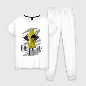 Женская пижама хлопок с принтом Little Nightmares в Тюмени, 100% хлопок | брюки и футболка прямого кроя, без карманов, на брюках мягкая резинка на поясе и по низу штанин | game | little nightmares | девочка | желтый плащ | игры | парные футболки