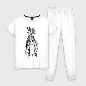 Женская пижама хлопок с принтом My life - my rules в Тюмени, 100% хлопок | брюки и футболка прямого кроя, без карманов, на брюках мягкая резинка на поясе и по низу штанин | бич герлс | дерзкая | стерва
