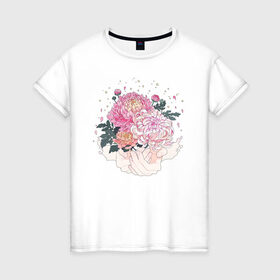 Женская футболка хлопок с принтом Пионы в Тюмени, 100% хлопок | прямой крой, круглый вырез горловины, длина до линии бедер, слегка спущенное плечо | flo | flowers | растения | флористика | цветение | цветы