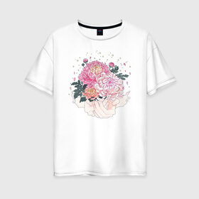 Женская футболка хлопок Oversize с принтом Пионы в Тюмени, 100% хлопок | свободный крой, круглый ворот, спущенный рукав, длина до линии бедер
 | flo | flowers | растения | флористика | цветение | цветы